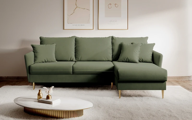 Ecksofa mit Schlaffunktion Volio, salbeigrüner wasserabweisender Samt, universell, goldene Beine