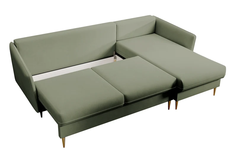 Ecksofa mit Schlaffunktion Volio, salbeigrüner wasserabweisender Samt, universell, goldene Beine