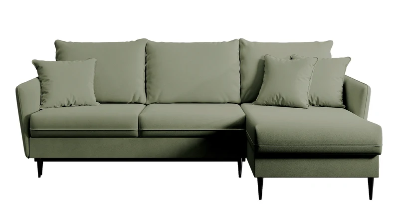 Ecksofa mit Schlaffunktion Volio, salbeigrüner, wasserabweisender Samt, universell, schwarze Beine