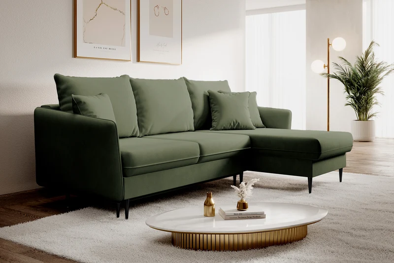Ecksofa mit Schlaffunktion Volio, salbeigrüner, wasserabweisender Samt, universell, schwarze Beine