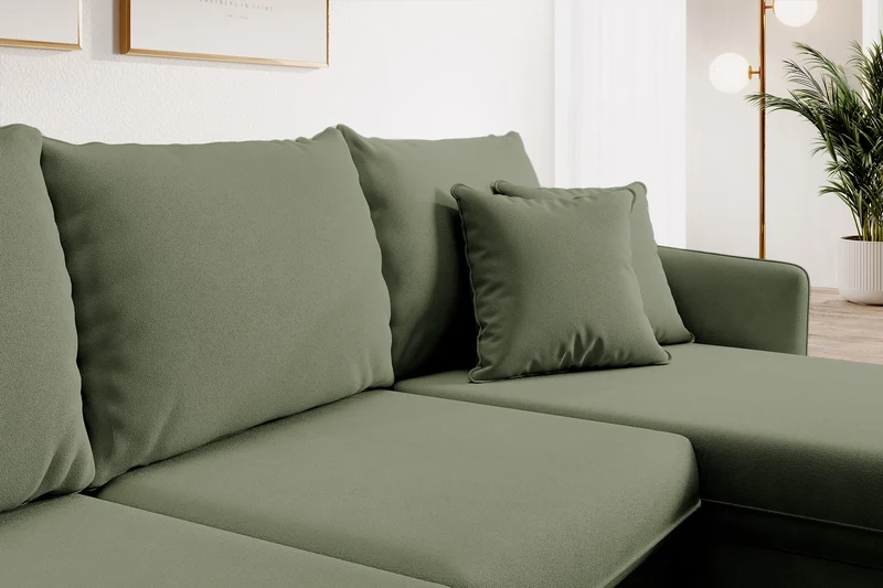 Ecksofa mit Schlaffunktion Volio, salbeigrüner, wasserabweisender Samt, universell, schwarze Beine