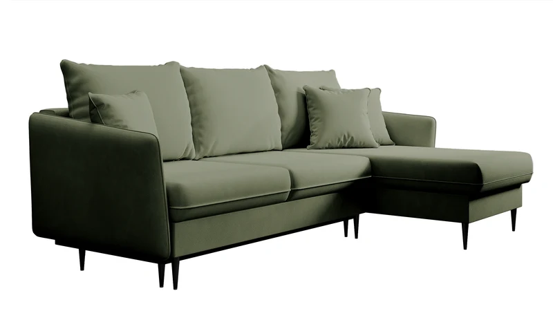 Ecksofa mit Schlaffunktion Volio, salbeigrüner, wasserabweisender Samt, universell, schwarze Beine