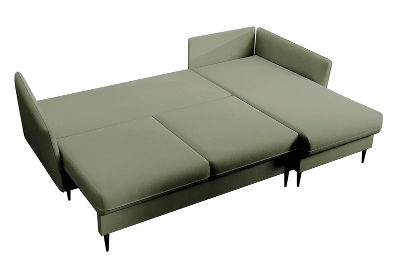 Ecksofa mit Schlaffunktion Volio, salbeigrüner, wasserabweisender Samt, universell, schwarze Beine