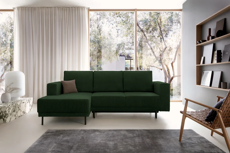 Ecksofa mit Schlaffunktion Rodario Mini, L-förmig, mit Stauraum, dunkelgrüner Cord, linksseitig