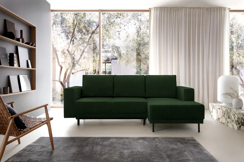 Ecksofa mit Schlaffunktion Rodario Mini, L-förmig, mit Stauraum, dunkelgrüner Cord, rechtsseitig