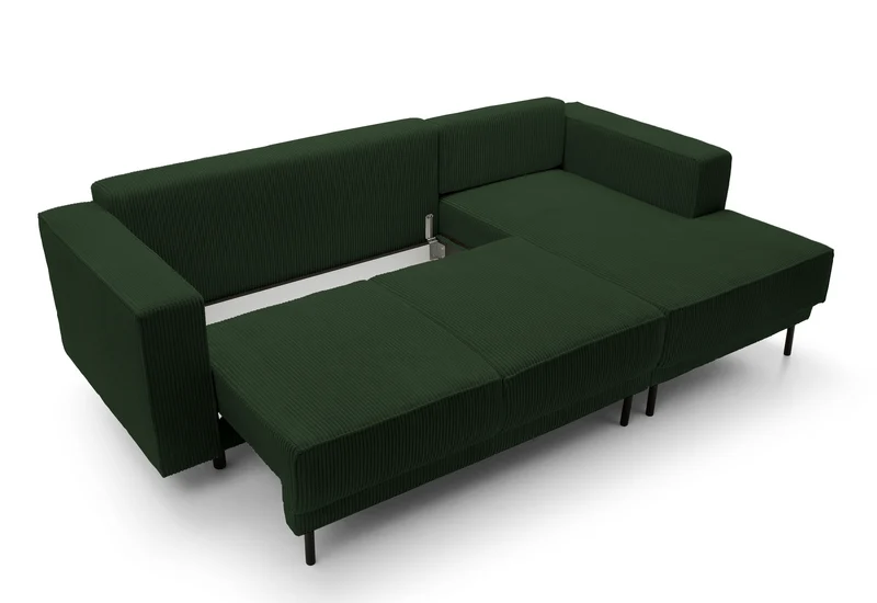 Ecksofa mit Schlaffunktion Rodario Mini, L-förmig, mit Stauraum, dunkelgrüner Cord, rechtsseitig