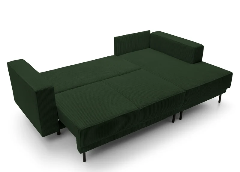 Ecksofa mit Schlaffunktion Rodario Mini, L-förmig, mit Stauraum, dunkelgrüner Cord, rechtsseitig