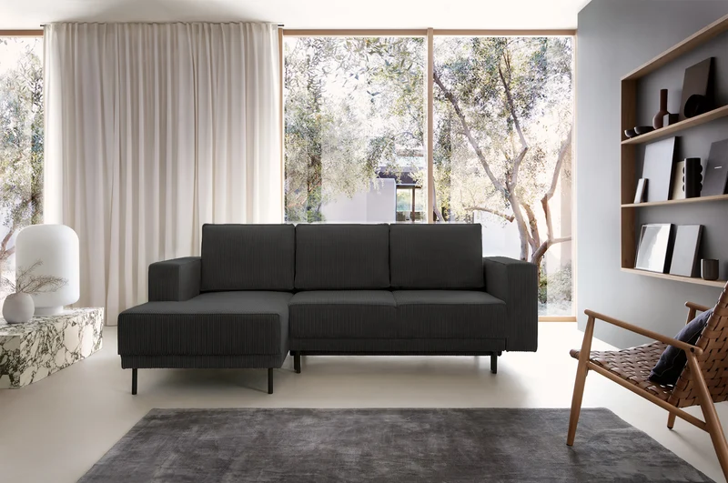 Ecksofa mit Schlafunktion Rodario Mini L-Form mit Stauraum, dunkelgrauer Cord, linksseitig