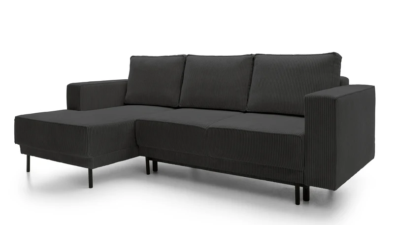 Ecksofa mit Schlafunktion Rodario Mini L-Form mit Stauraum, dunkelgrauer Cord, linksseitig