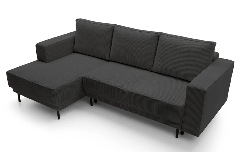 Ecksofa mit Schlafunktion Rodario Mini L-Form mit Stauraum, dunkelgrauer Cord, linksseitig