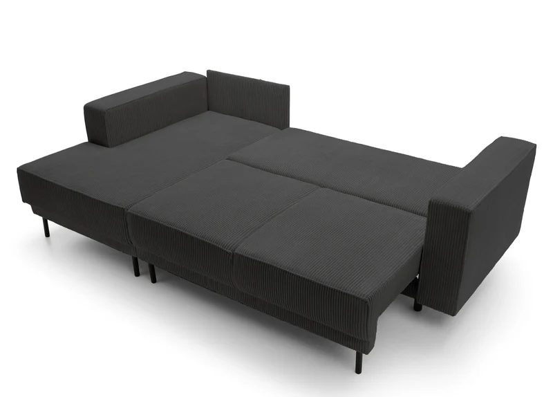Ecksofa mit Schlafunktion Rodario Mini L-Form mit Stauraum, dunkelgrauer Cord, linksseitig