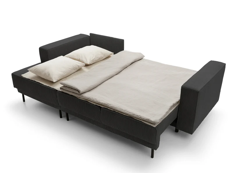 Ecksofa mit Schlafunktion Rodario Mini L-Form mit Stauraum, dunkelgrauer Cord, linksseitig