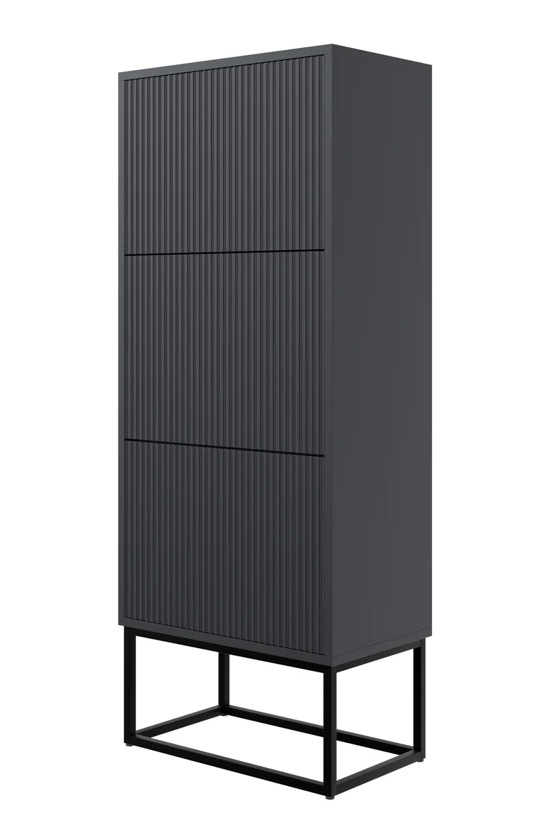 Schuhschrank Veldio mit gefräster Front und drei Fächern, 50 cm, Schwarz mit schwarzen Beinen