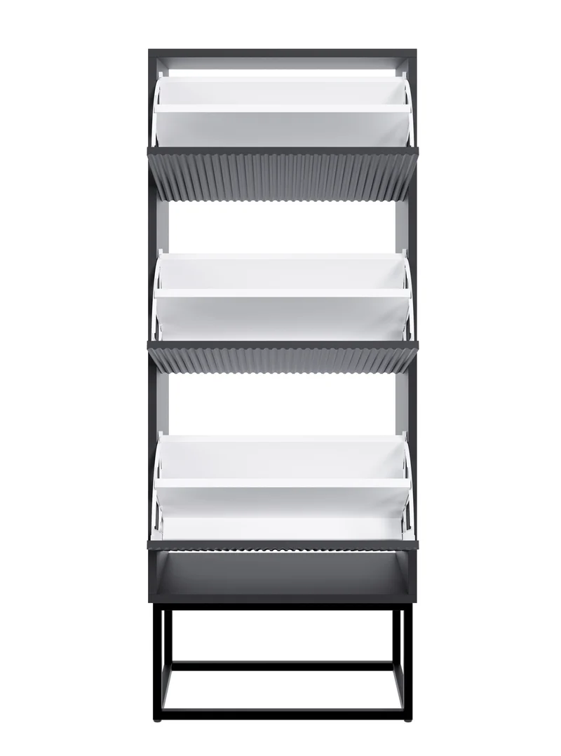 Schuhschrank Veldio mit gefräster Front und drei Fächern, 50 cm, Schwarz mit schwarzen Beinen
