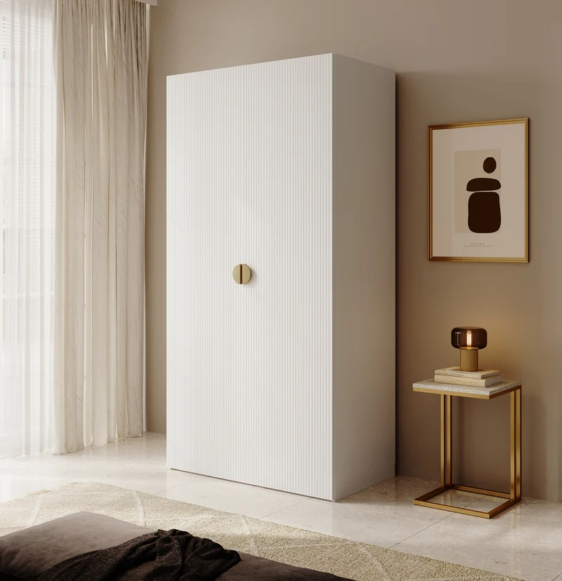 Zweiflügeliger Schrank Moonir mit Kleiderstange und Regalen, 100 cm, Weiß