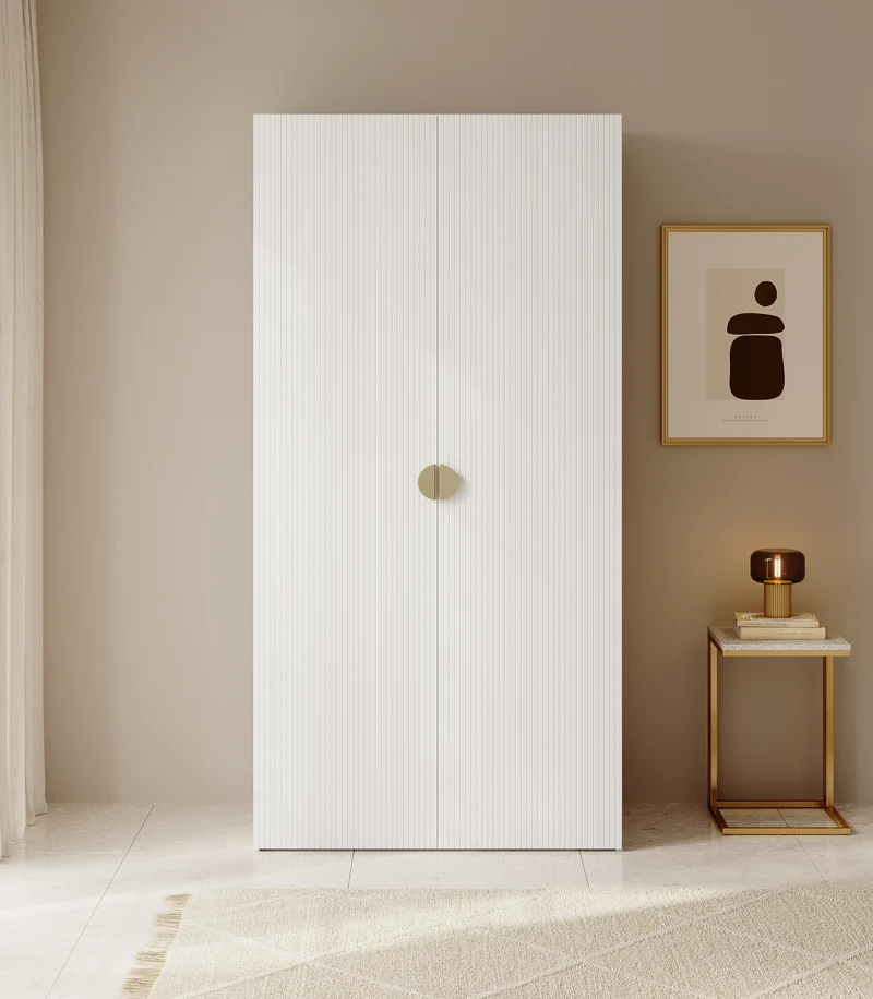 Zweiflügeliger Schrank Moonir mit Kleiderstange und Regalen, 100 cm, Weiß