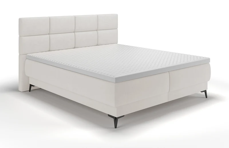Kontinentales Bett 180x200 cm Rektango mit Stauraum und Topper, cremefarbener Samt