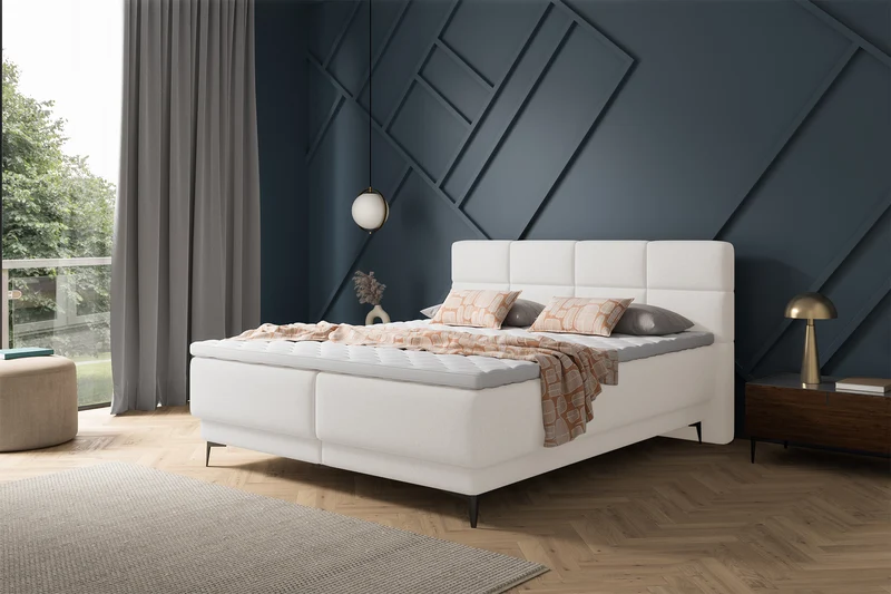 Kontinentales Bett 180x200 cm Rektango mit Stauraum und Topper, cremefarbener Samt