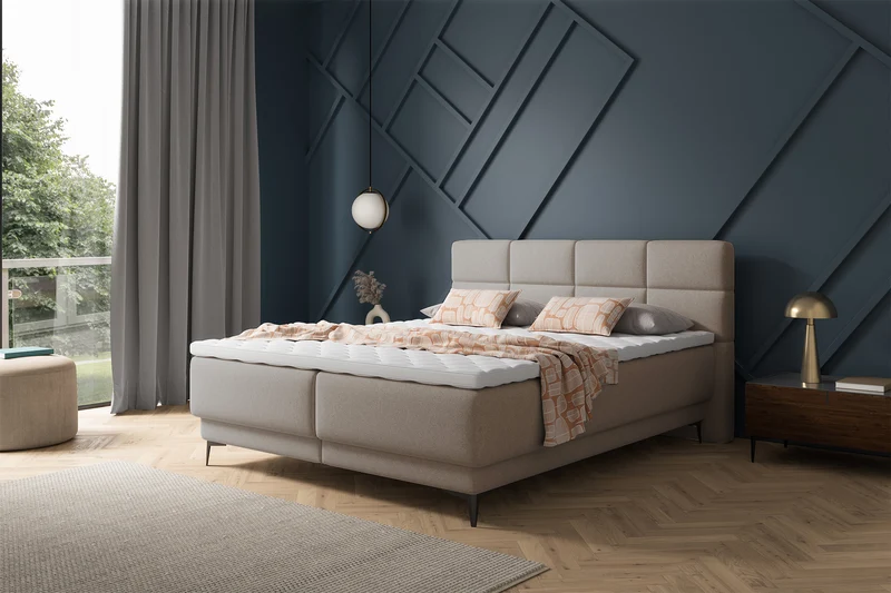 Kontinentales Bett 160x200 cm Rektango mit Stauraum und Topper, beiger Samt
