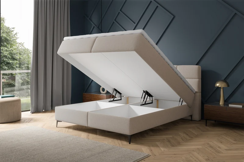 Kontinentales Bett 160x200 cm Rektango mit Stauraum und Topper, beiger Samt