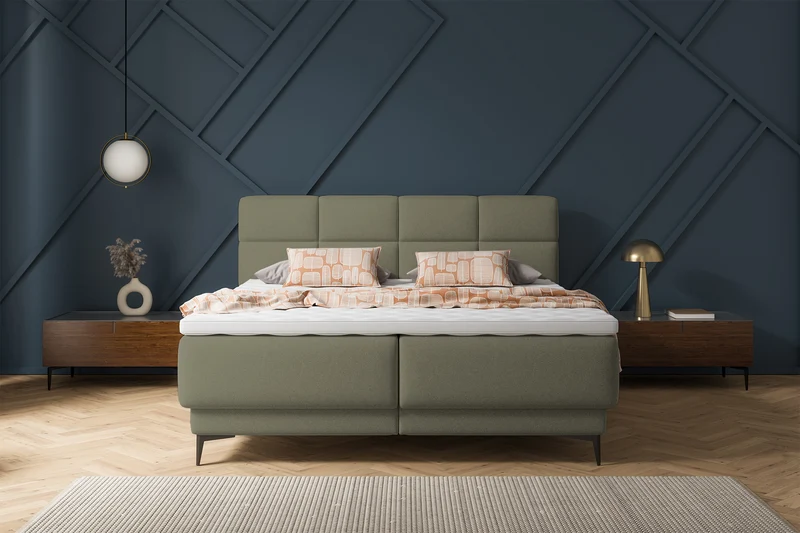 Kontinentalbett 160x200 cm Rektango mit Stauraum und Topper, olivgrüner Samt