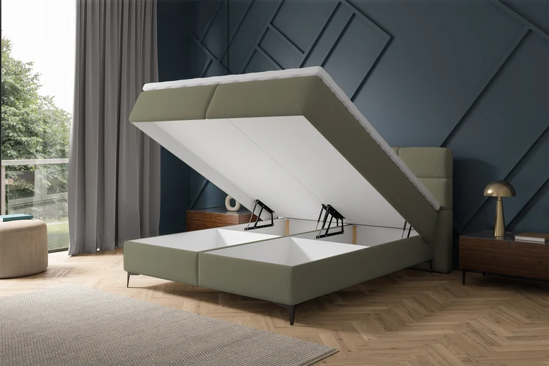 Kontinentalbett 160x200 cm Rektango mit Stauraum und Topper, olivgrüner Samt