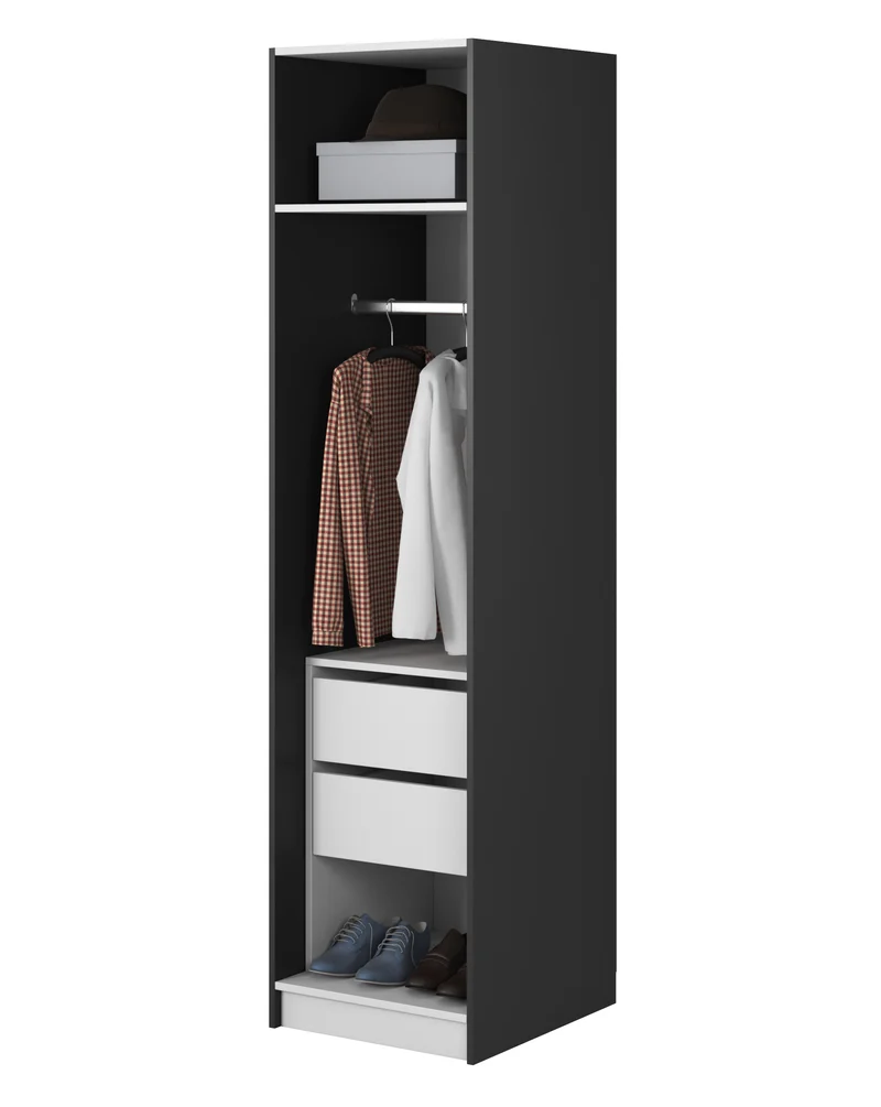 Einzeltüriger Frame-Schrank mit Kleiderstange, Regalen und 50 cm Container, Schwarz