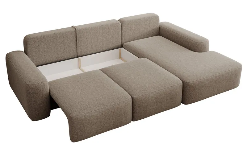 Ecksofa mit Schlaffunktion Carnos, L-förmig, mit Ball, einzelne Kissen, hellbrauner hydrophober Chenille, rechtsseitig