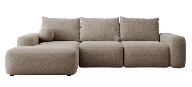Ecksofa mit Schlaffunktion Carnos, L-förmig, mit Ball, einzelne Kissen, hellbrauner hydrophober Chenille, linksseitig
