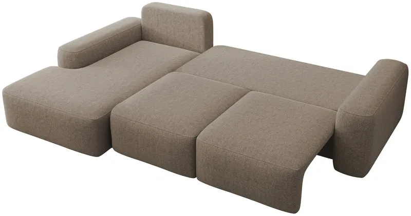 Ecksofa mit Schlaffunktion Carnos, L-förmig, mit zusätzlichen Lendenkissen, hellbrauner hydrophober Chenille-Stoff, linksseitig