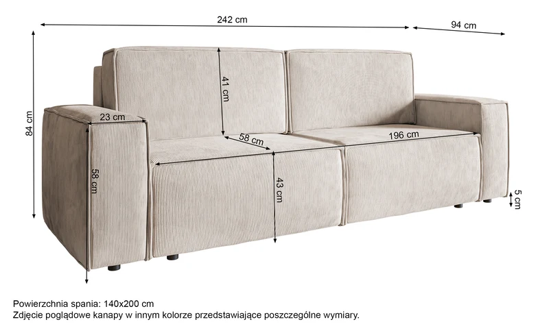 Dreisitziges ausklappbares Sofa Copertino in Sandfarbe, Cordstoff