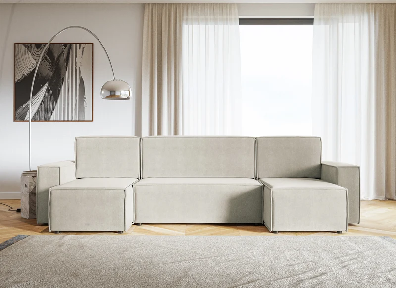 U-förmiges Ecksofa Copertino mit Schlaffunktion, universalem Stauraum, hellbeiger, wasserabweisender Samtvelours