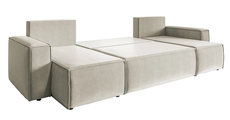 U-förmiges Ecksofa Copertino mit Schlaffunktion, universalem Stauraum, hellbeiger, wasserabweisender Samtvelours