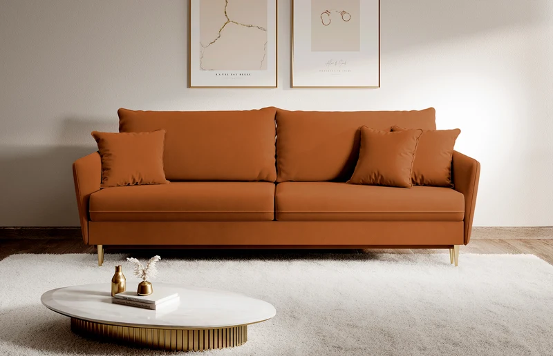 Dreisitziges ausklappbares Sofa Volio, kupferfarbenes Samt, wasserabweisend, goldene Beine