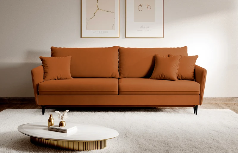 Dreisitziges ausklappbares Sofa Volio in kupferfarbenem Samt, hydrophob, schwarze Beine