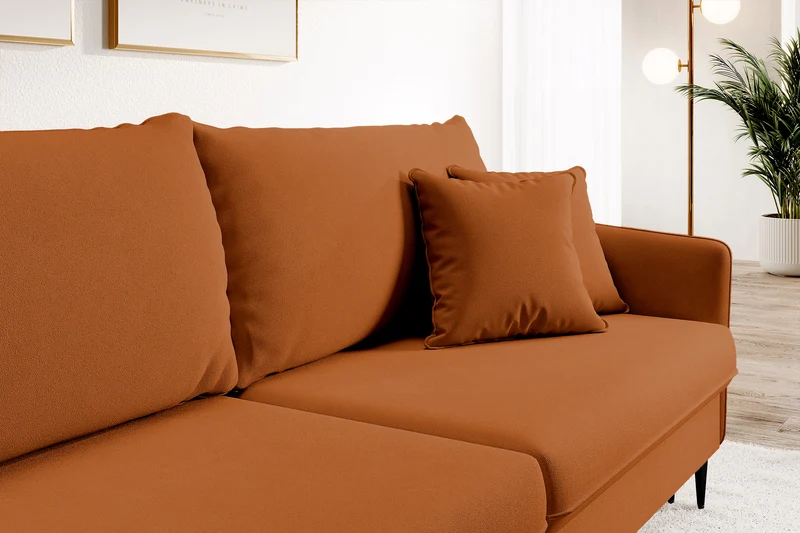 Dreisitziges ausklappbares Sofa Volio in kupferfarbenem Samt, hydrophob, schwarze Beine