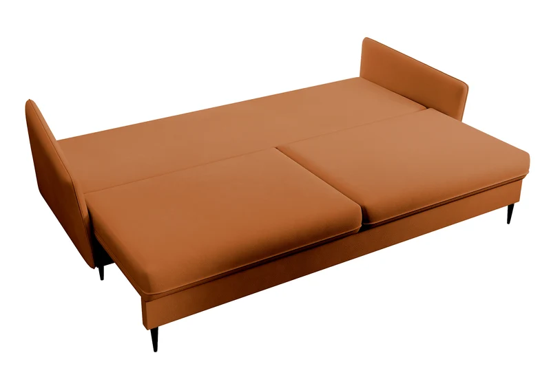 Dreisitziges ausklappbares Sofa Volio in kupferfarbenem Samt, hydrophob, schwarze Beine