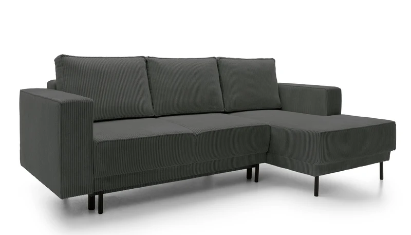 Ecksofa mit Schlaffunktion Rodario Mini, L-förmig, mit Stauraum, grauer Cord, rechtsseitig