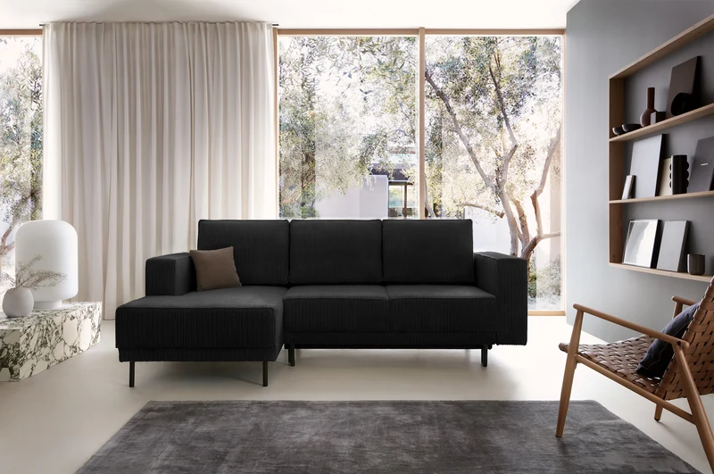 Ecksofa mit Schlaffunktion Rodario mini, L-förmig, mit Stauraum, schwarzer Cord, linksseitig