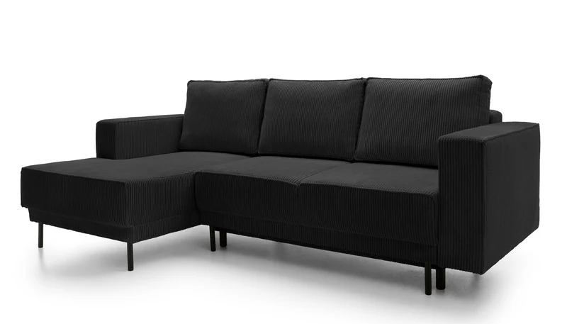 Ecksofa mit Schlaffunktion Rodario mini, L-förmig, mit Stauraum, schwarzer Cord, linksseitig