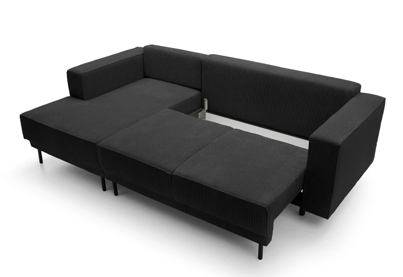 Ecksofa mit Schlaffunktion Rodario mini, L-förmig, mit Stauraum, schwarzer Cord, linksseitig