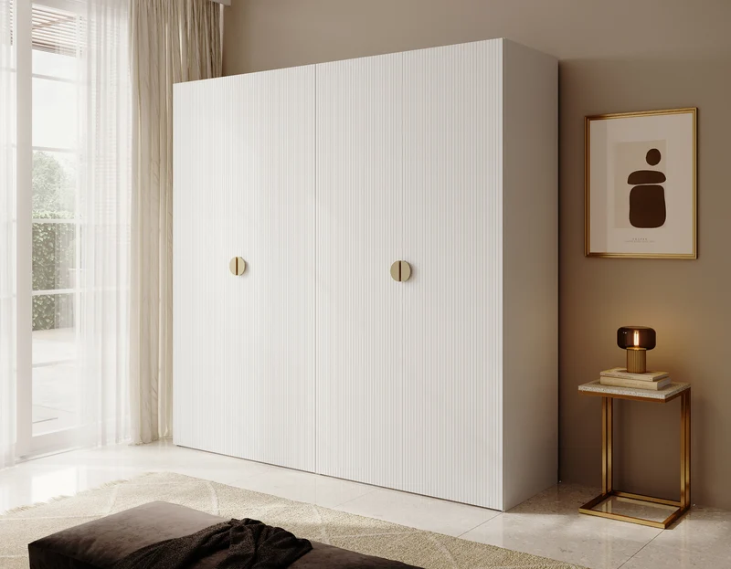 Vier­türiger Moonir-Schrank mit zwei Kleiderstangen, 200 cm, Weiß