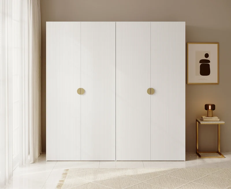 Vier­türiger Moonir-Schrank mit zwei Kleiderstangen, 200 cm, Weiß