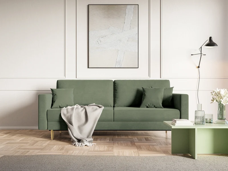 Dreisitziges ausklappbares Sofa Valico in Salbeigrün, samtig, wasserabweisend
