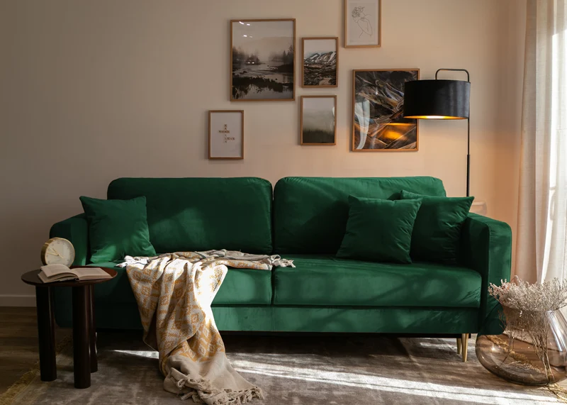Dreipersonen-Schlafsofa Valico, grün, Samt, wasserabweisend