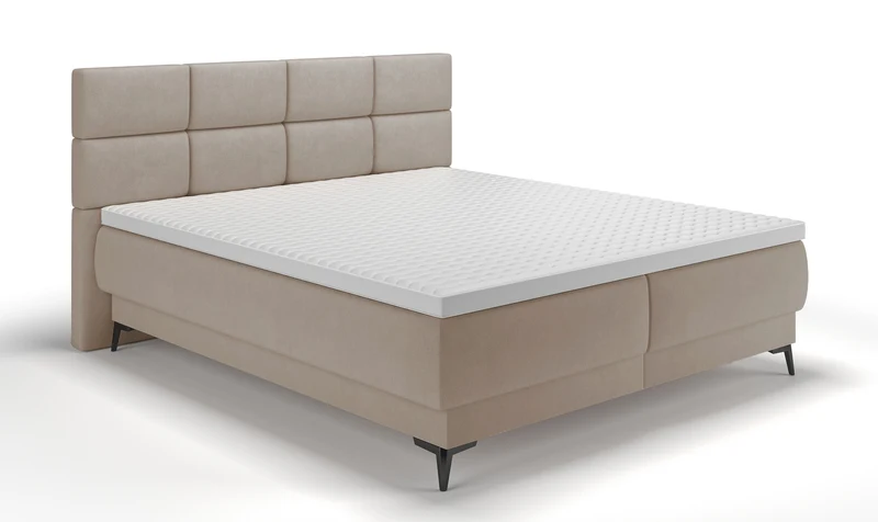 Kontinentales Bett 180x200 cm Rektango mit Stauraum und Topper, beiger Samt