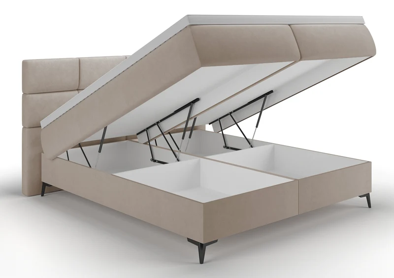 Kontinentales Bett 180x200 cm Rektango mit Stauraum und Topper, beiger Samt