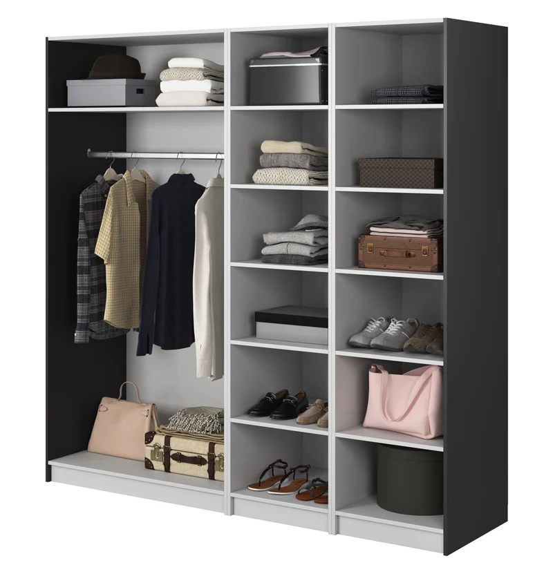 Vier­türiger Moonir-Schrank mit Kleiderstange und Regalen, 200 cm, Schwarz