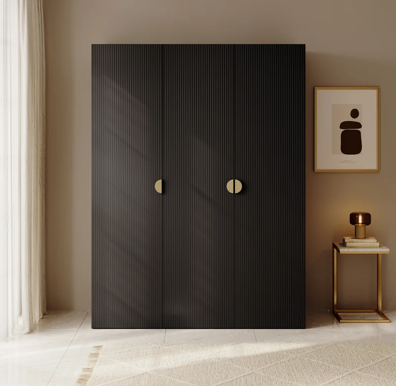 Drehtürenschrank Moonir mit Kleiderstange, Regalen und Container 150 cm Schwarz