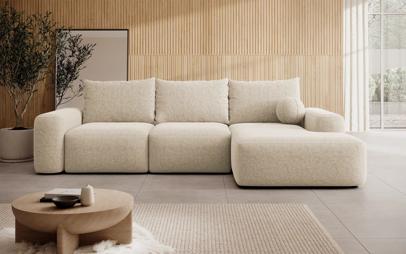 Ecksofa mit Schlaffunktion Carnos, L-förmig mit Ball, einzelne Kissen, beige hydrophobes Chenille, rechtsseitig